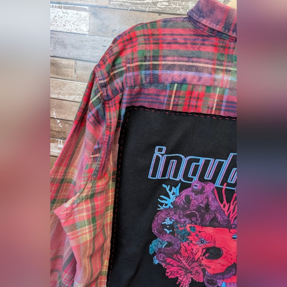 Incubus Graphic Upcycled Dip Dye Bleached Flannel Shirt - Picture 3 of 14